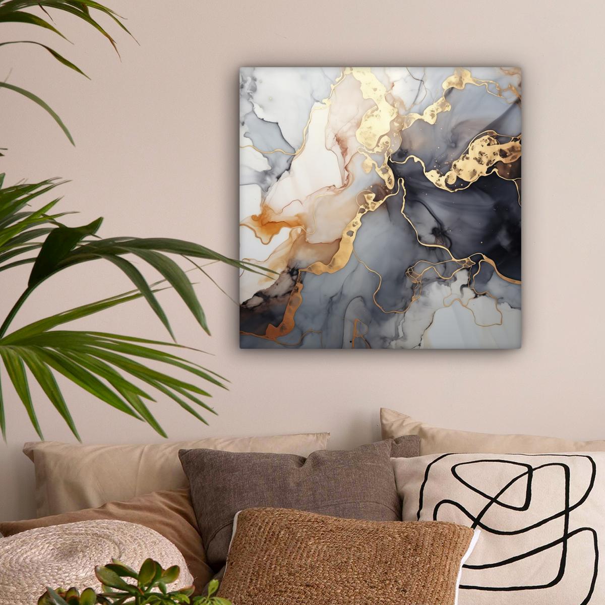 LEINWANDBILD Marmor - Schwarz - Gold - Weiß Wandbild Wohnzimmer 50x50 cm - Dunkelgrau, Textil (50/50cm) - MuchoWow