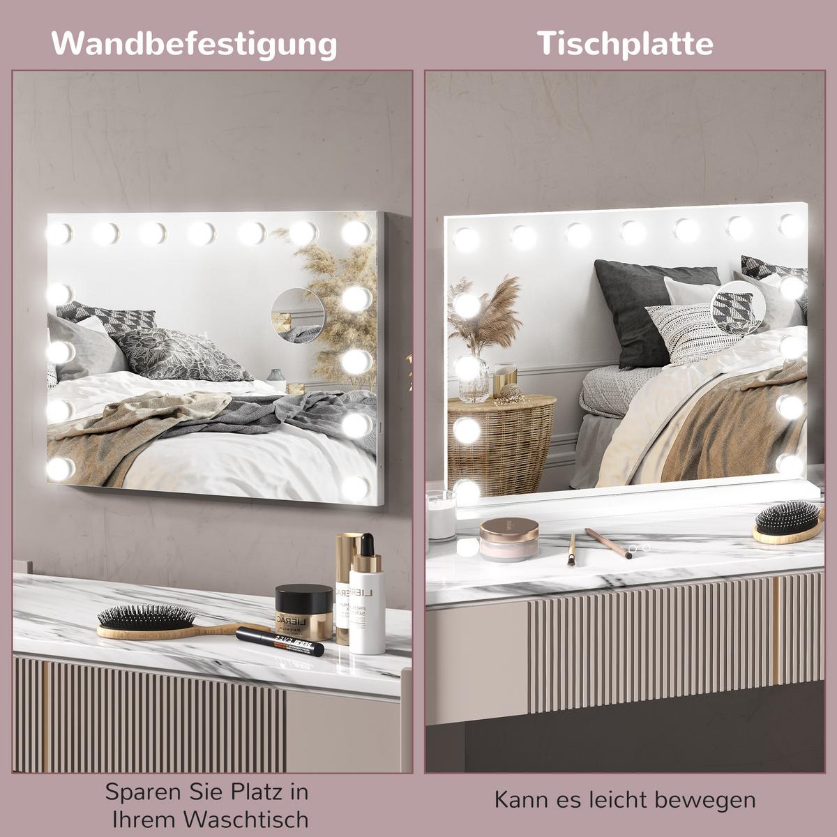 HOLLYWOOD Spiegel mit Beleuchtung, Dimmbar Schminkspiegel mit 15 LED Licht - Weiß, Glas (14/48/58cm) - HOMCOM