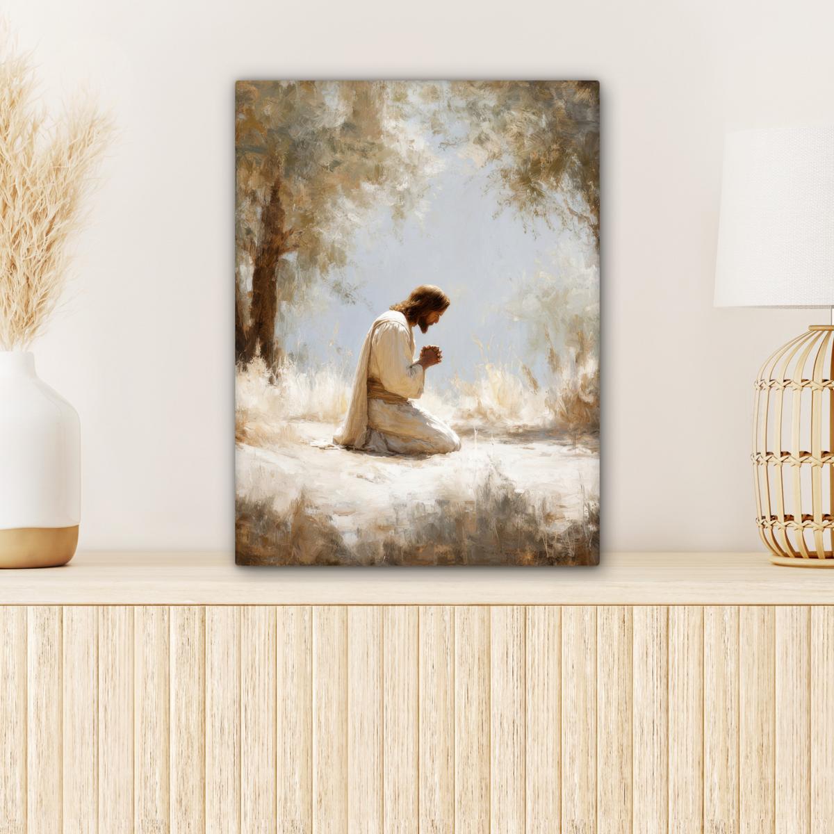 LEINWANDBILD Jesus - Kniend - Waldlandschaft - Betend Room Decor 30x40 cm - Beige/Hellblau, Textil (30/40cm) - MuchoWow