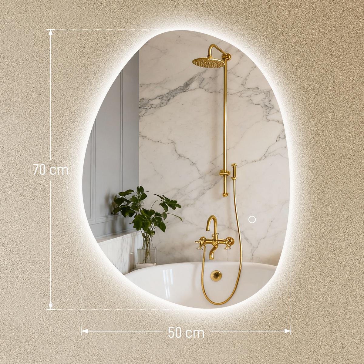 70 x 50 cm Asymmetrischer Badspiegel mit LED-Licht, Anti-Beschlag-Funktion - Silberfarben, Glas (50/70/5cm) - HOMCOM