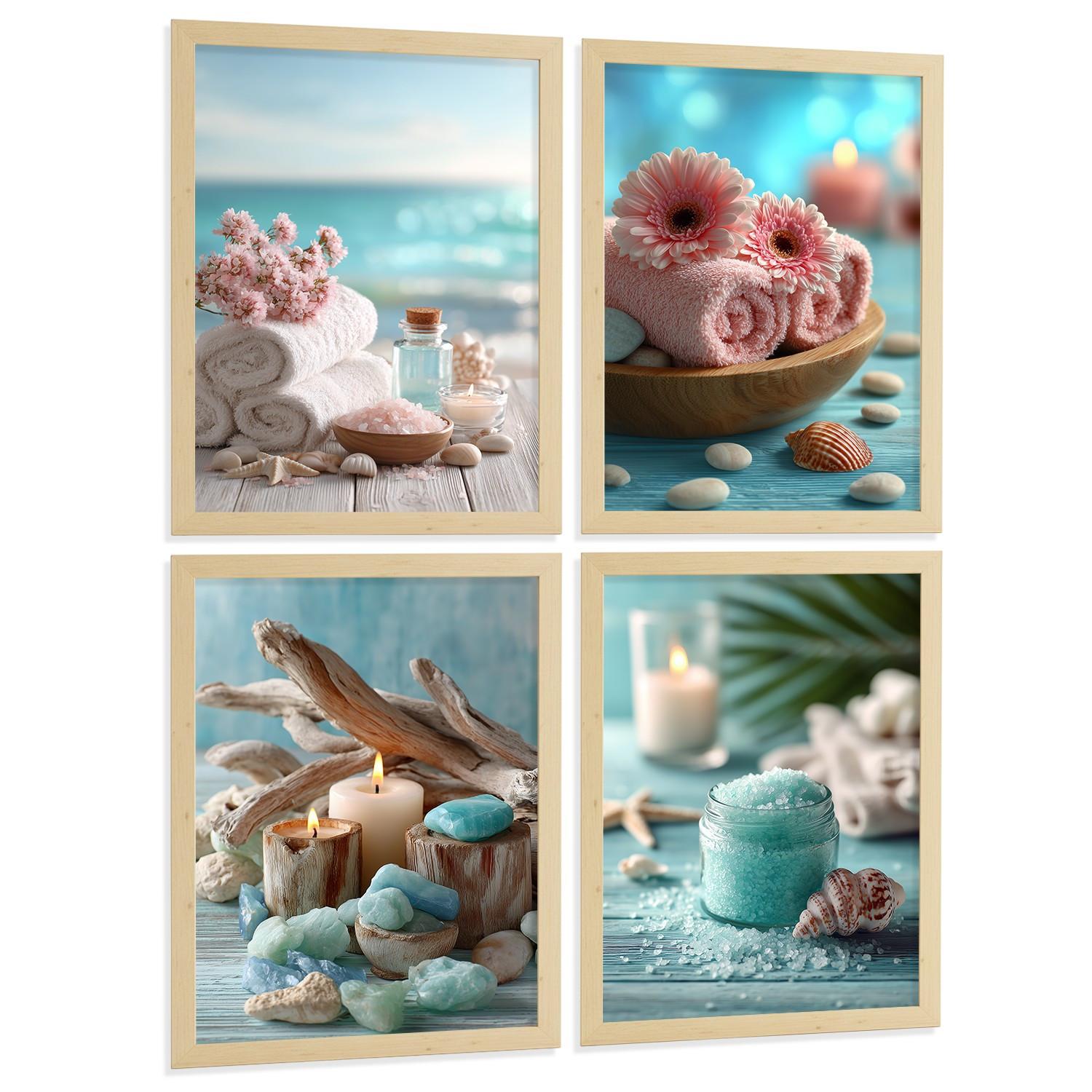 POSTER 4er-Set Badezimmer-Wandposter, Strand-Spa-Poster für Waschbecken, WC mit Muscheln, Kerzen, Handtüchern und Meersalz Leichter Holzrahmen A3 - Beige, Papier (42/29.7/3cm) - Nacnic