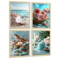 POSTER 4er-Set Badezimmer-Wandposter, Strand-Spa-Poster für Waschbecken, WC mit Muscheln, Kerzen, Handtüchern und Meersalz Leichter Holzrahmen A3 - Beige, Papier (42/29.7/3cm) - Nacnic