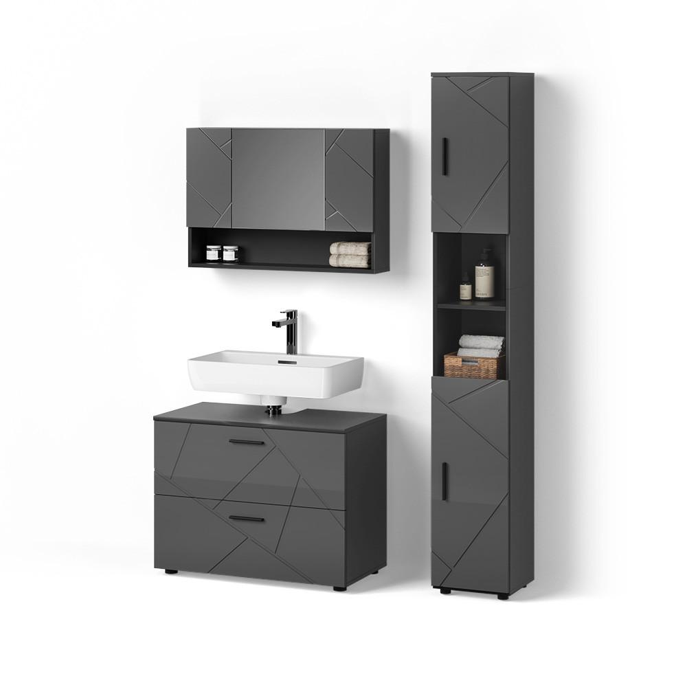 BADMÖBEL-SET Ronco Anthrazit Hochglanz 3 Teile, mit Spiegelschrank 80 cm - Schwarz Hochglanz, Holzwerkstoff (41/80/58cm) - Livinity®