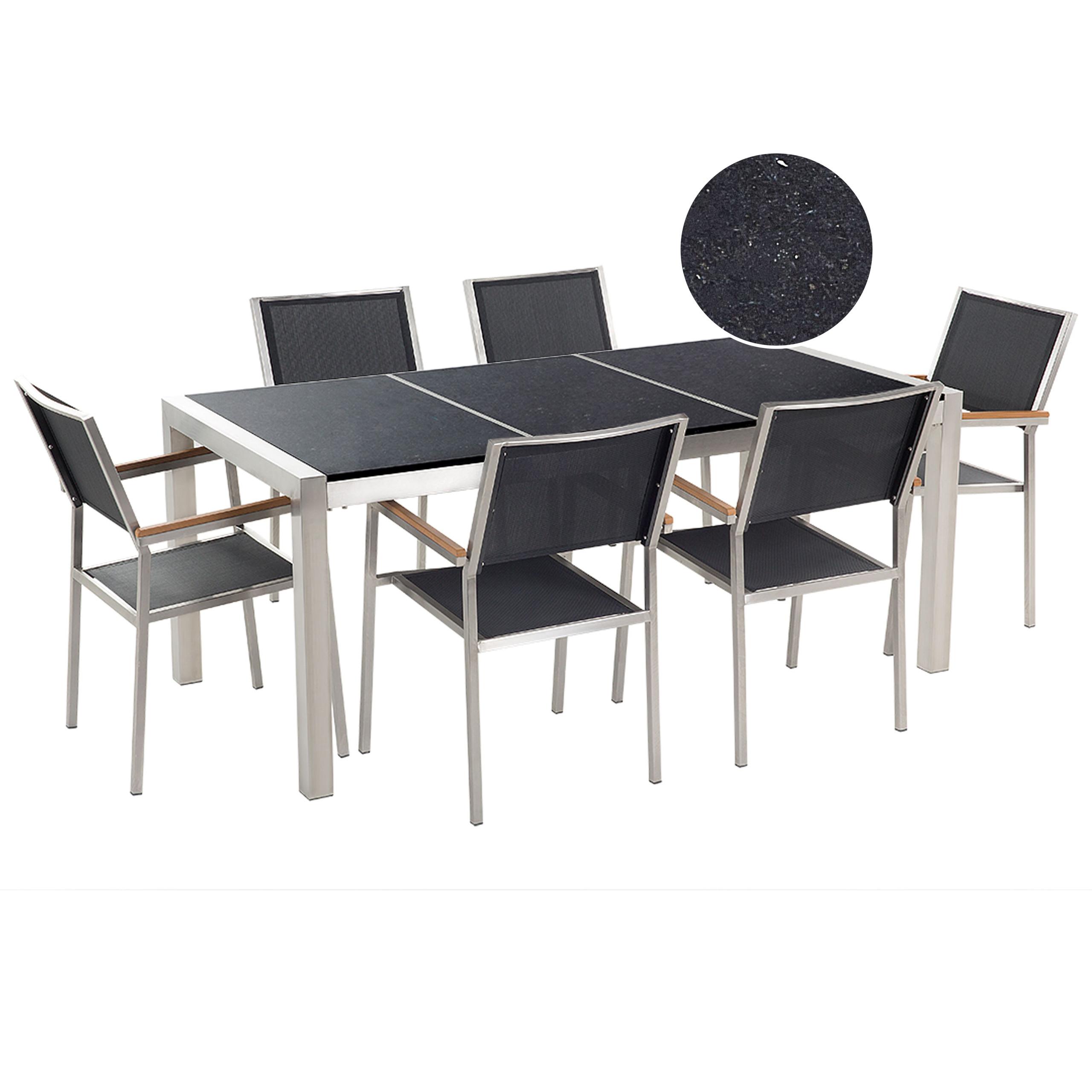 GARTENMÖBEL SET 6-Sitzer Granit Schwarz poliert Textilbespannung Grosseto - Silberfarben/Schwarz, Metall - Beliani