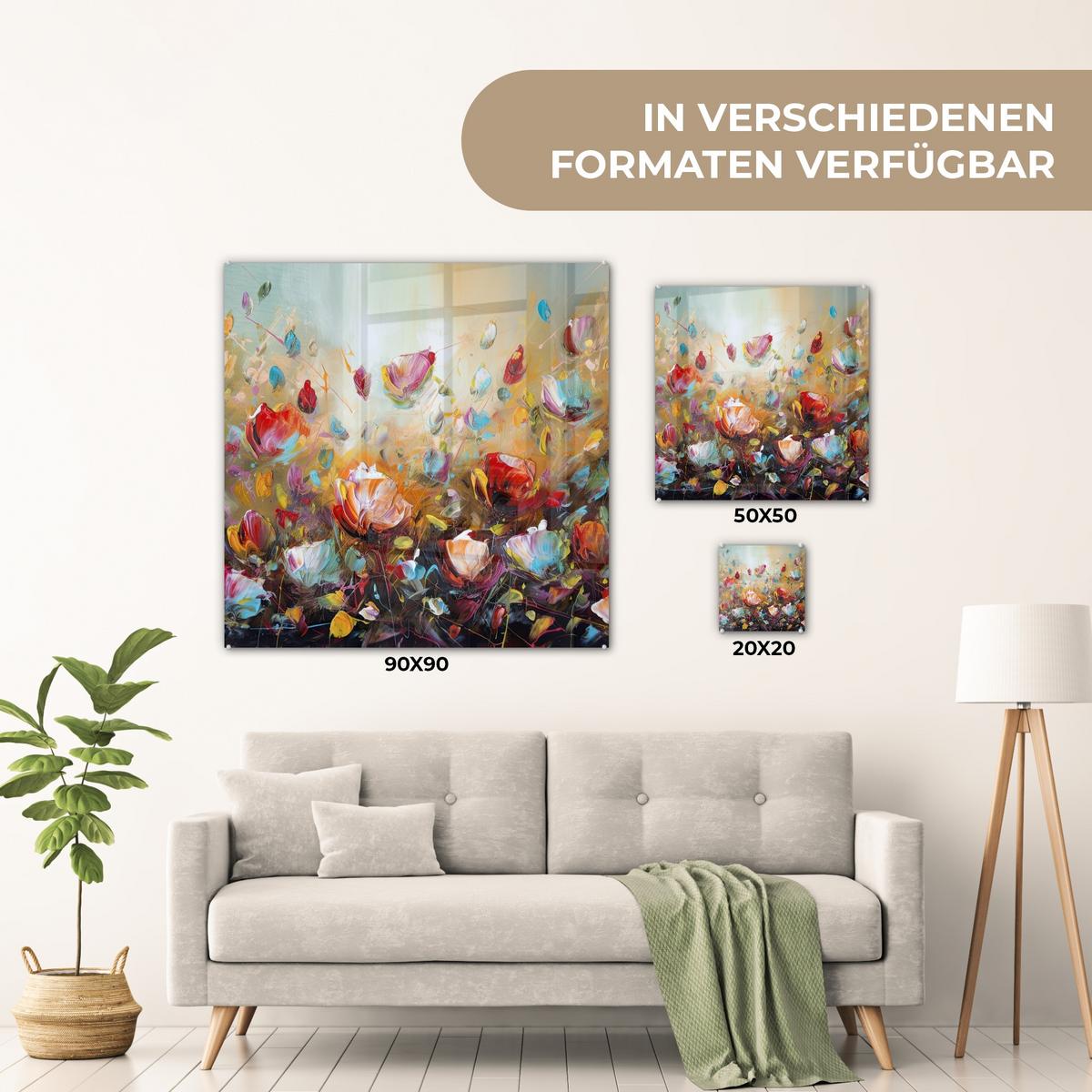 ACRYLGLASBILD Blumen - Kunst - Natur - Ölgemälde 50x50 cm - Multicolor, Glas (50/50cm) - MuchoWow