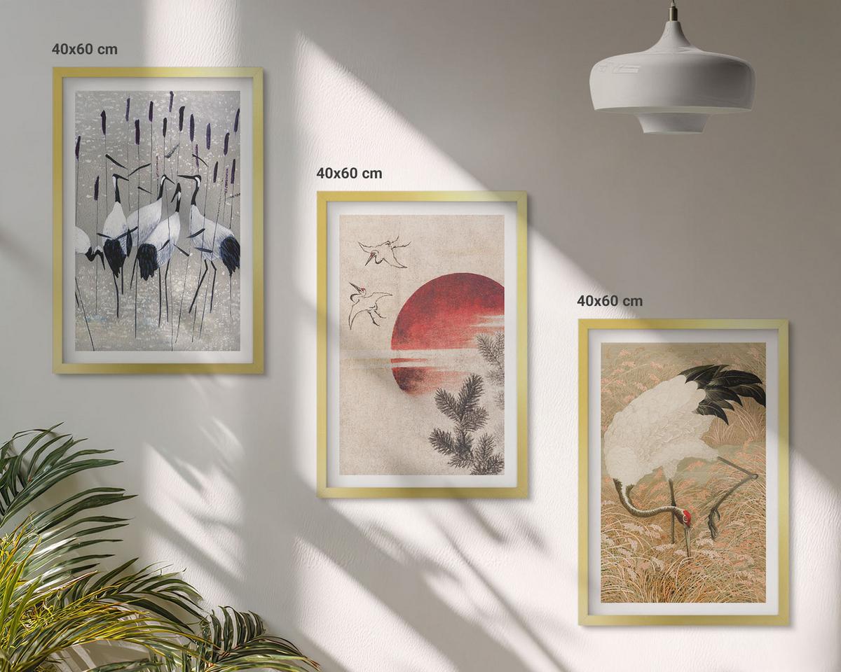 BILDER SET 3er Set - 40x60 cm Goldrahmen - Japanische Kraniche Landschaft - Goldfarben, Kunststoff (40/60cm) - TULUP