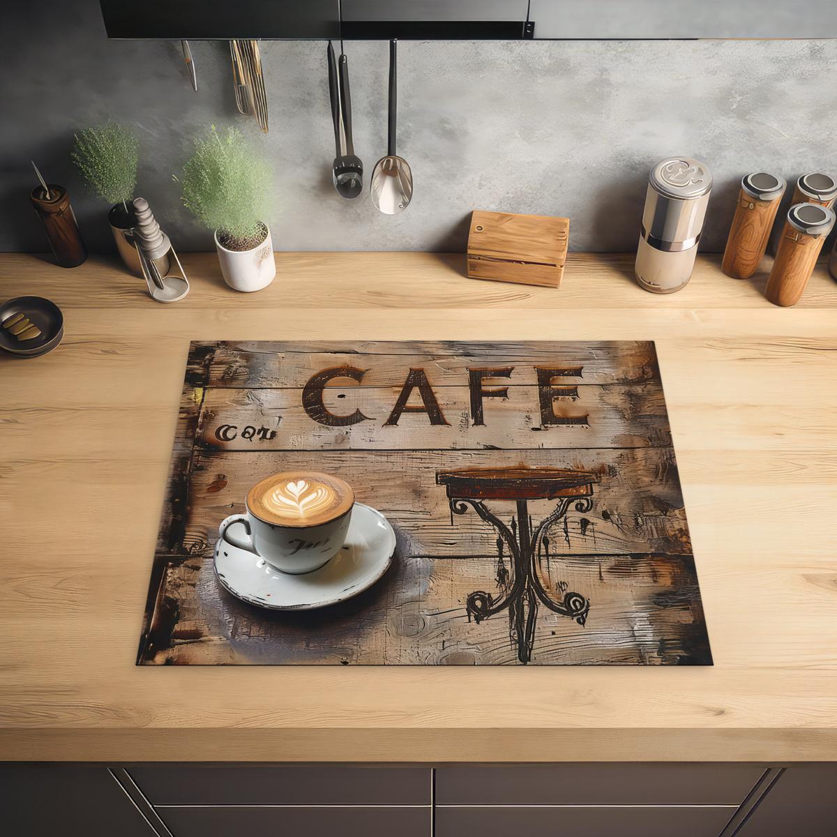 HERDABDECKPLATTE Cafe - Holz - Kaffee - Regale Herdabdeckung Induktionsfeld 65x52 cm - Schwarz, Kunststoff (65/52/0.2cm) - MuchoWow