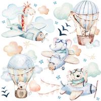 WANDAUFKLEBER SET für Kinder Tiere Wolken Flugzeuge Sterne 60x30 - Gelb/Beige, Papier (60/30/1cm) - Muralo