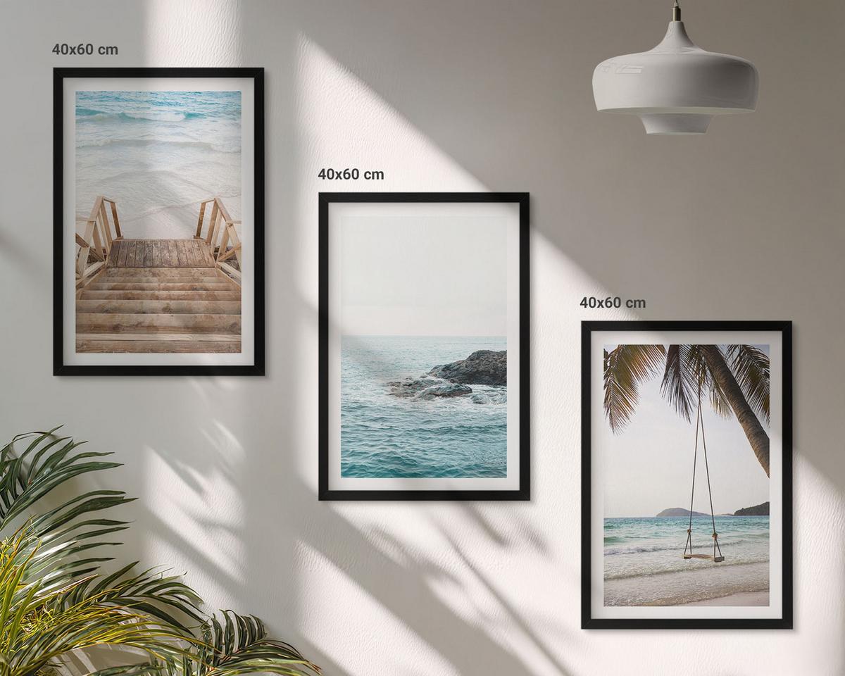 BILDER SET 3er Set - 40x60 cm Schwarzer Rahmen - Treppe Strand Meer Schaukel - Schwarz, Kunststoff (40/60cm) - TULUP