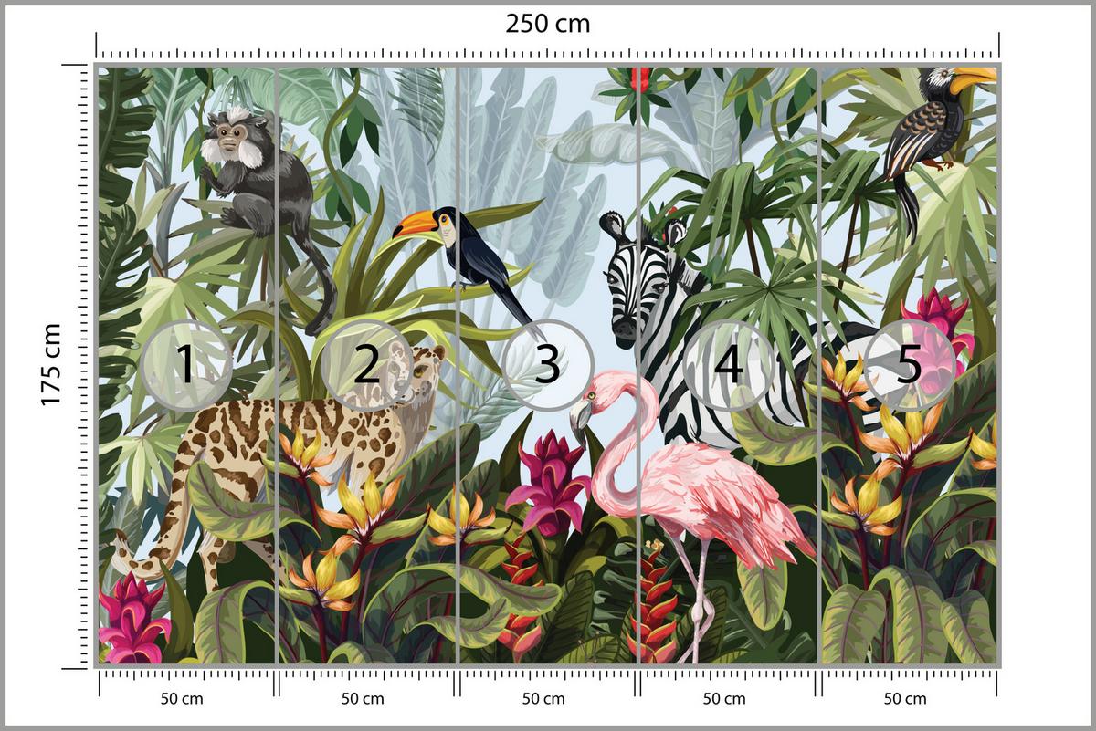 FOTOTAPETE für Kinderzimmer Tropische Pflanzen Tiere Flamingo Rippen 250x175 - Multicolor, Papier (250/175cm) - Muralo