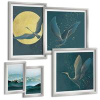 BILDER SET 5er Set - 50x50 cm & 20x30 cm & 40x60 cm Silberner Rahmen - Abstrakte Landschaften von Vogelwellen - Silberfarben, Kunststoff (40/60cm) - TULUP