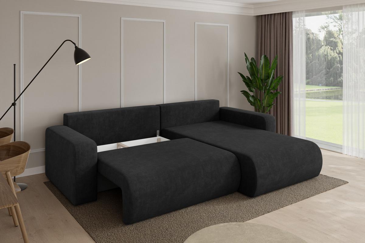 ECKSOFA mit Schlaffunktion Ottomane Rechts BERY-L 276x193x88 Schwarz Velours - Schwarz, Holzwerkstoff/Kunststoff (276/193cm) - ALTDECOR