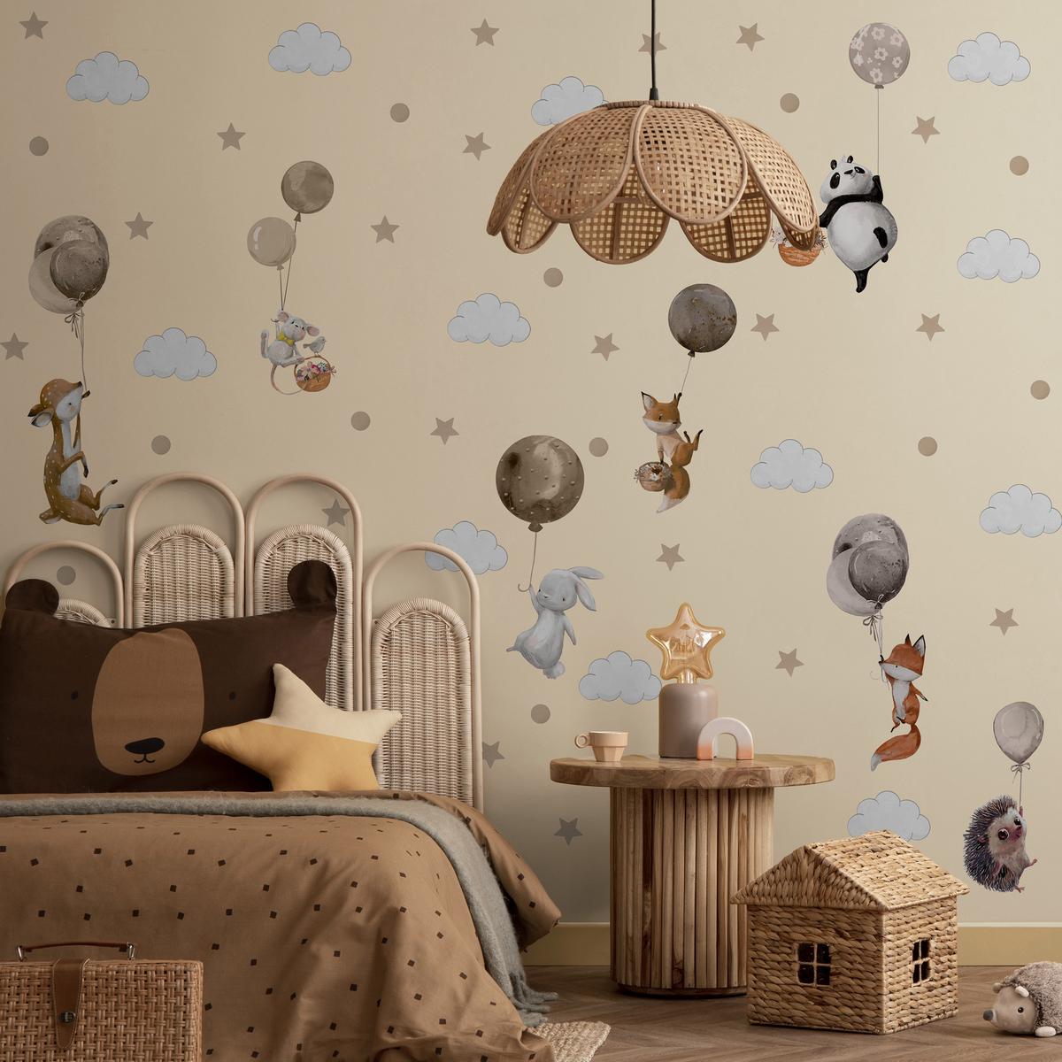 AUFKLEBER SET Tiere Ballons Wolken Sterne Punkte 120x60 - Beige/Schwarz, Papier (120/60/1cm) - Muralo
