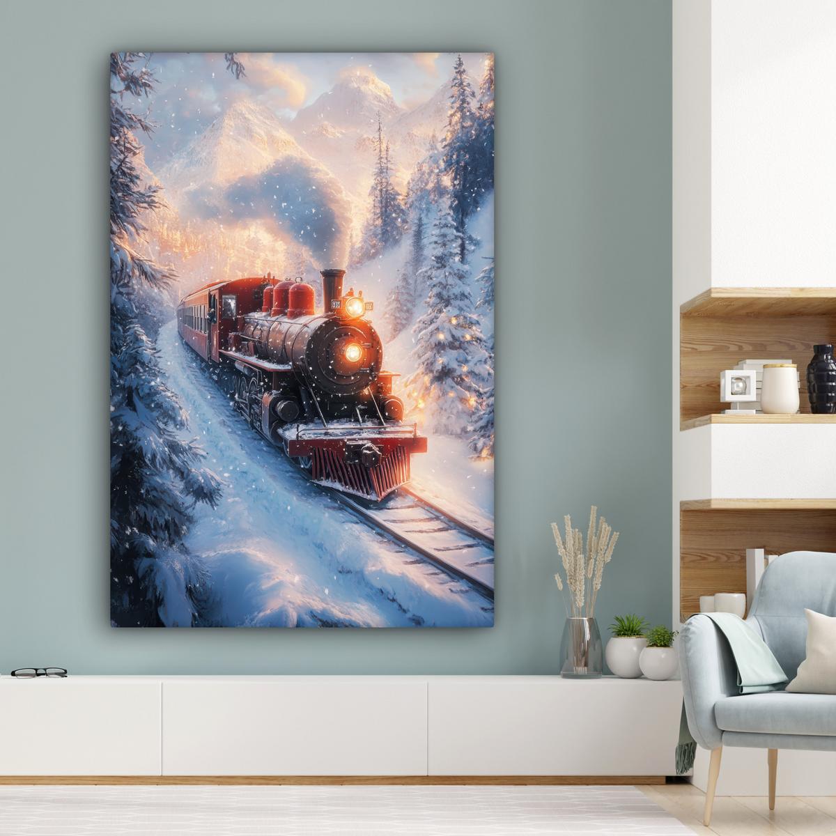 LEINWANDBILD Weihnachtszug - Schnee - Winter - Weihnachten Deko Groß 90x140 cm - Dunkelrot, Textil (90/140cm) - MuchoWow