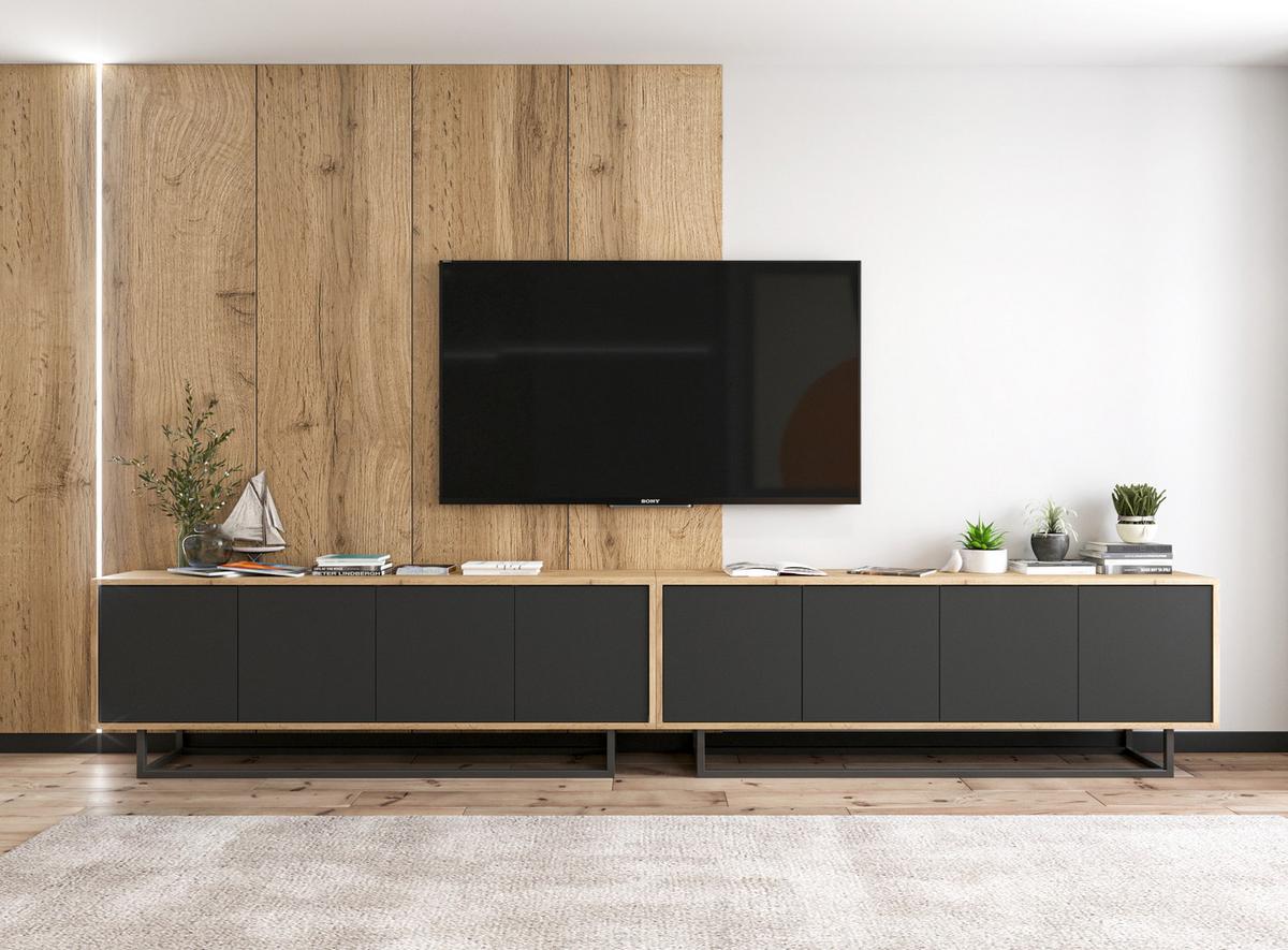 TV-SCHRANK 2-er Set Apollo2 Eiche wotan Schwarz Matt 150 cm - Schwarz, Holzwerkstoff/Metall (300/53/35cm) - Meble Lindner