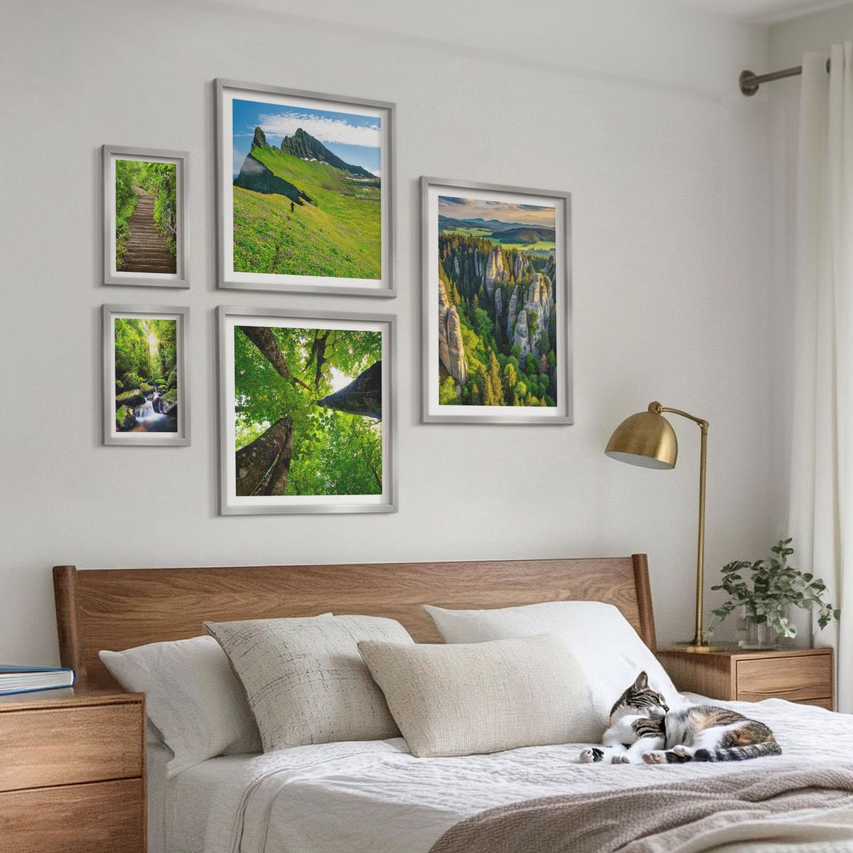 BILDER SET 5er Set - 50x50 cm & 20x30 cm & 40x60 cm Silberner Rahmen - Grüne Berge Wasserfallwald - Silberfarben, Kunststoff (40/60cm) - TULUP