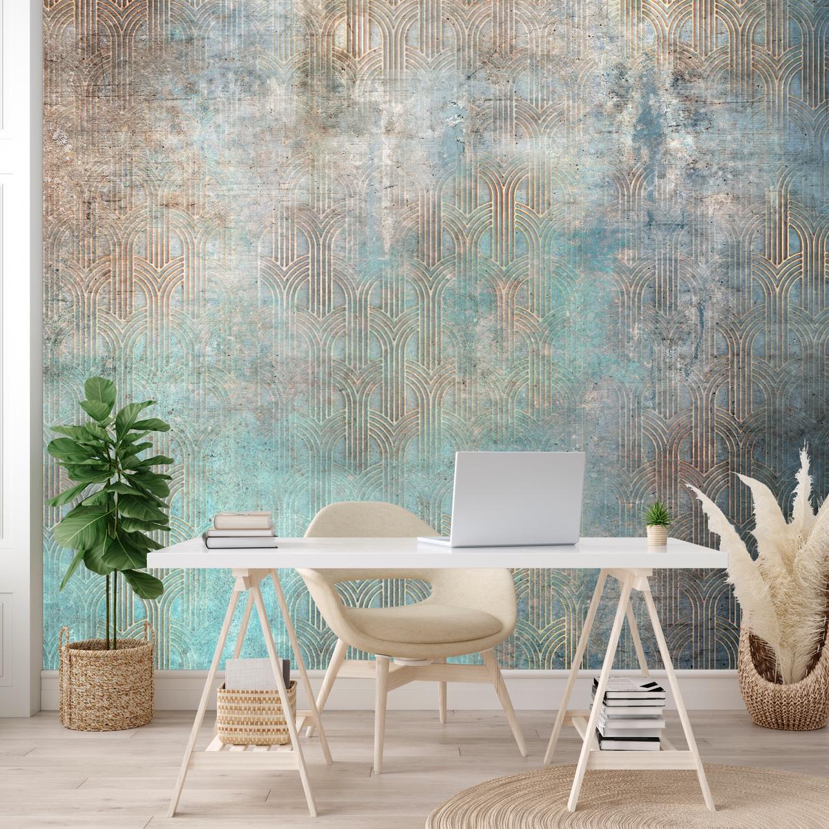 FOTOTAPETE für Wohnzimmer Abstrakter Bogen Mural Geometrie 500x350 - Türkis/Beige, Papier (500/350cm) - Muralo