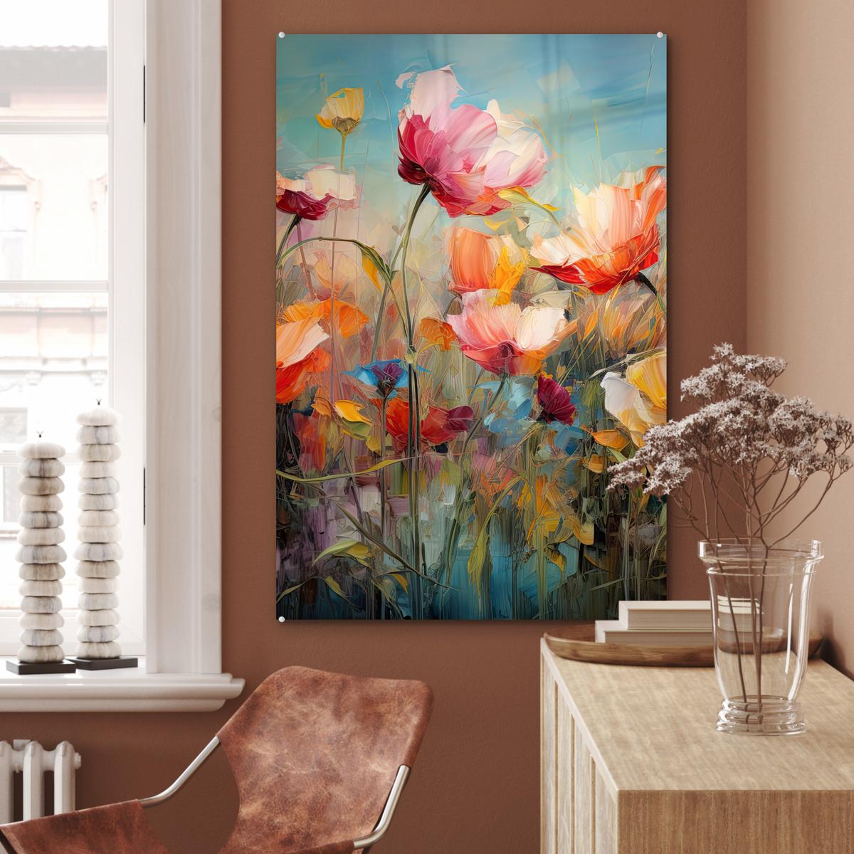 ACRYLGLASBILD Blumen - Aquarell - Kunst - Botanisch - Natur 80x120 cm - Orange, Glas (80/120cm) - MuchoWow