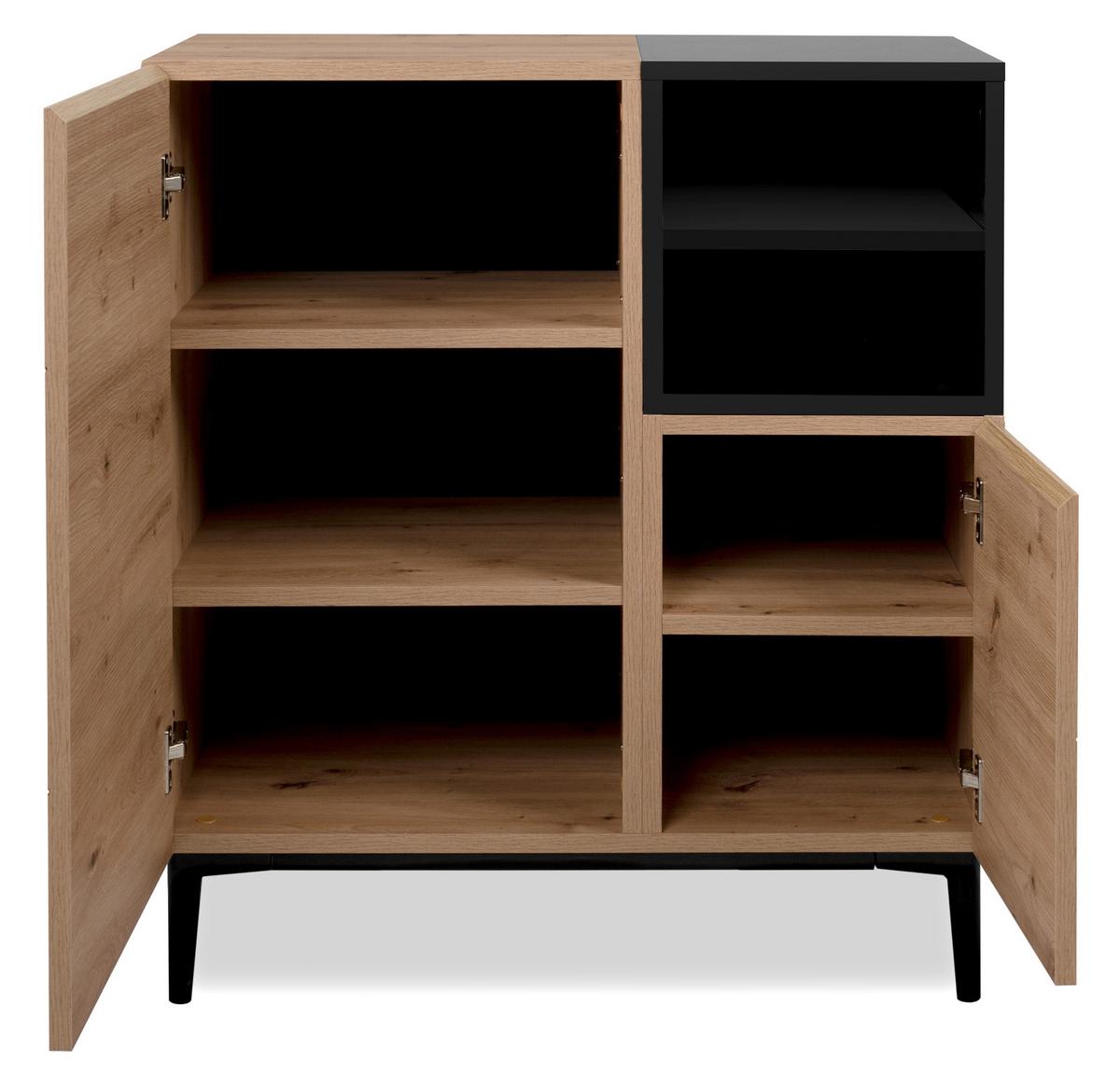 KOMMODE Eiche Artisan, schwarz 80 x 90 cm, Schrank 2-türig mit 7 Fächern - Schwarz/Eiche Artisan, Holzwerkstoff (80/90/42cm) - Furn.Design