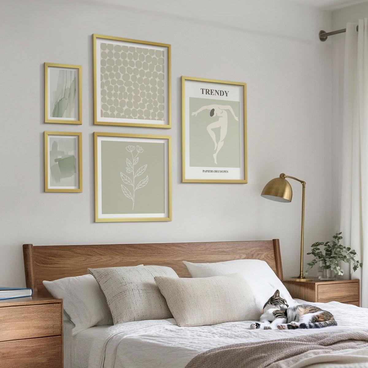 BILDER SET 5er Set - 50x50 cm & 20x30 cm & 40x60 cm Goldrahmen - Abstrakte Aquarellpflanzen - Goldfarben, Kunststoff (40/60cm) - TULUP