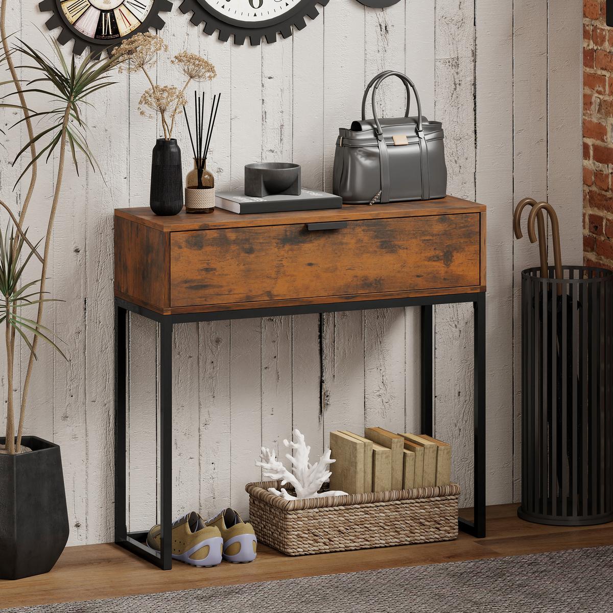 KONSOLENTISCH Spanplatte Stahl Rustikal-Braun - Schwarz/Braun, Holzwerkstoff/Metall (80/30/76cm) - HOMCOM