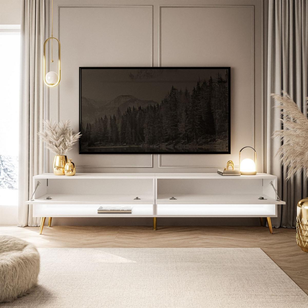 LOWBOARD TV-Schrank CALANTE 180 cm auf schrägen goldenen Chrom-Beinen - Weiß Hochglanz/Goldfarben, Holzwerkstoff/Metall (180/43/35cm) - Lookway