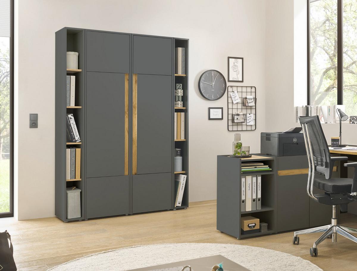 AKTENSCHRANK Set 4-teilig grau matt, Eiche Wotan 140 x 200 cm, Schrank-Regal-Kombination mit 20 Fächern - Eiche Wotan/Schwarz, Holzwerkstoff/Kunststoff (140/200/40cm) - Furn.Design