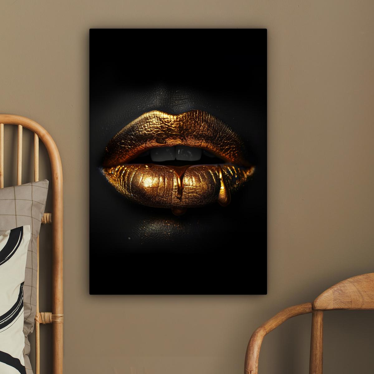 LEINWANDBILD Frau - Porträt - Lippen - Gold - Schwarz Wanddeko 40x60 cm - Schwarz, Textil (40/60cm) - MuchoWow