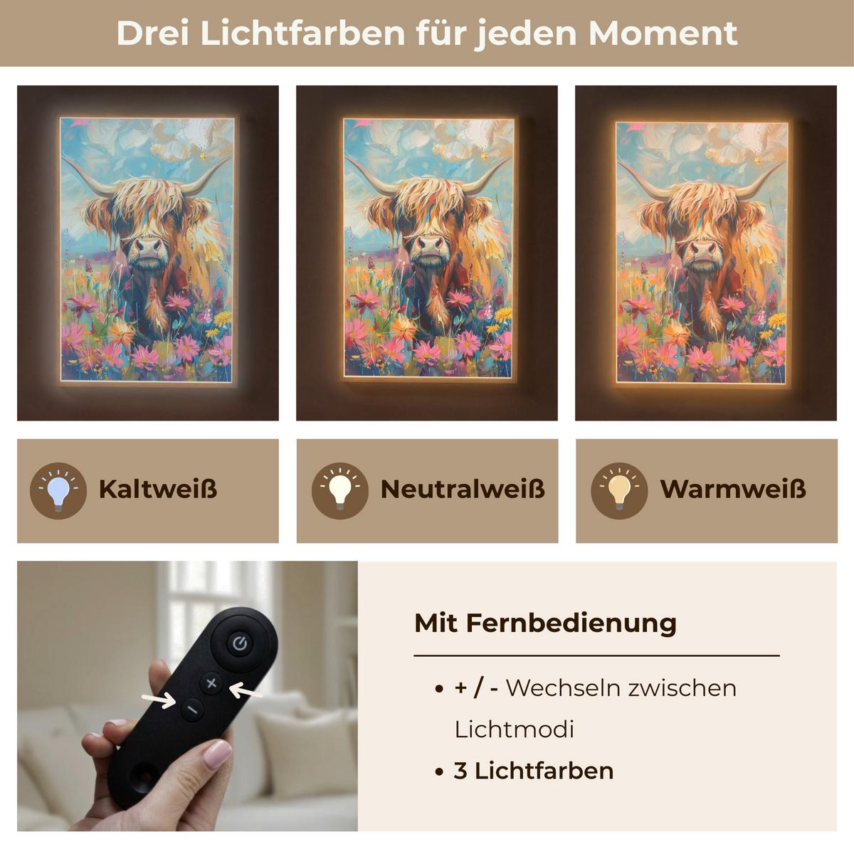 WANDLEUCHTE MIT AKKU Schottische Hochländer - Natur - Farbenfroh - Blumen 60x90 cm - Multicolor, Holzwerkstoff (60/90/8cm) - OnlyWow