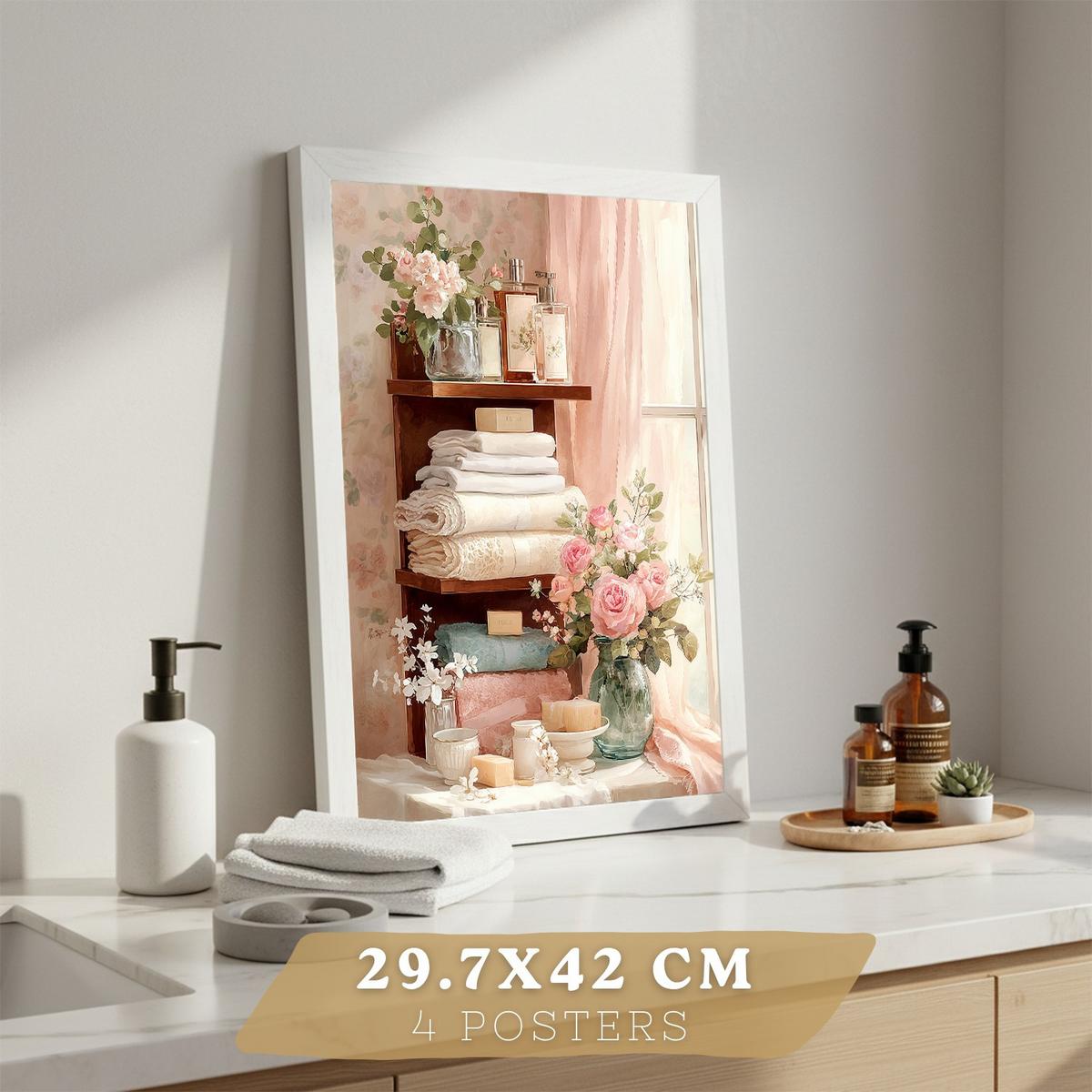 POSTER 4er-Set dekorative Badezimmerdrucke, romantischer Stil, Bilder mit Blumen, Parfums und Schminktisch, elegante , Wohndekoration Rahmenlos A3 - Klar, Papier (42/29.7/3cm) - Nacnic