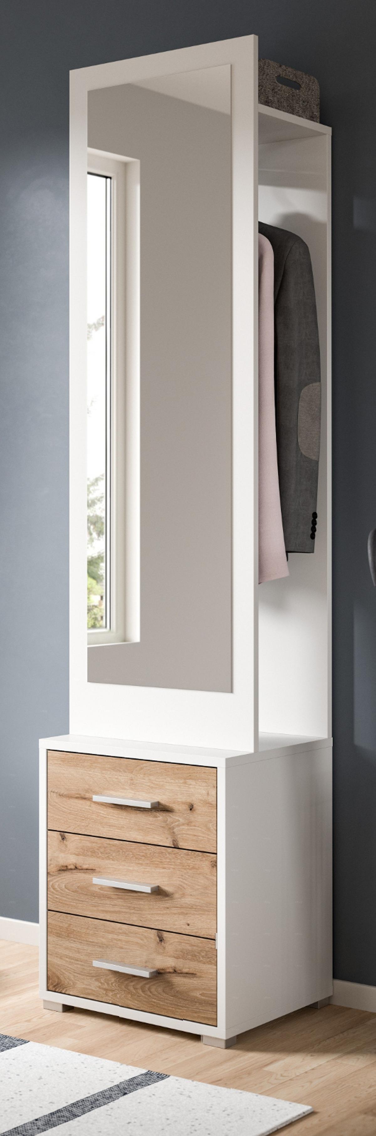 KOMPAKTGARDEROBE weiß, Eiche Nox, Garderobe mit Spiegel 45 x 190 cm - Eichefarben/Silberfarben, Glas/Holzwerkstoff (45/190/38cm) - Inn.Furn