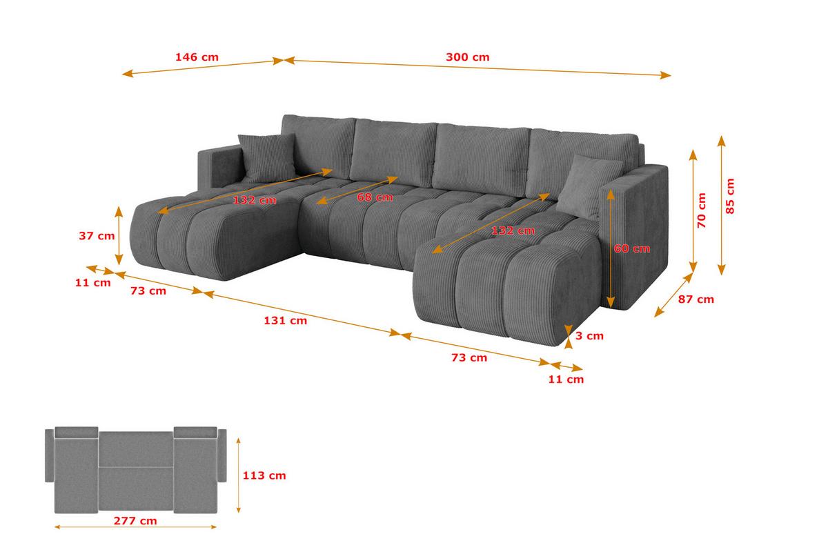 WOHNLANDSCHAFT mit Schlaffunktion und Bettkasten GARD-U 300x146x85 Dunkelgrau Cord - Dunkelgrau/Schwarz, Holzwerkstoff/Kunststoff (300/85/146cm) - ALTDECOR