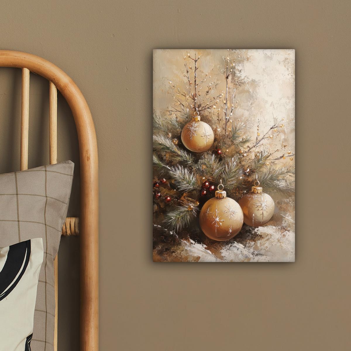 LEINWANDBILD Weihnachten - Kugeln - Beige - Gold Deko Wohnzimmer 20x30 cm - Goldfarben, Textil (20/30cm) - MuchoWow