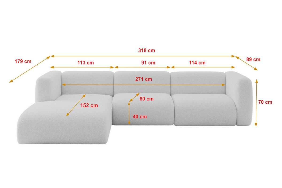 ECKSOFA Ottomane Links MIRA-L2 318x179x89 Hellgrau Bouclé - Silberfarben/Hellgrau, Holzwerkstoff/Kunststoff (318/179cm) - ALTDECOR