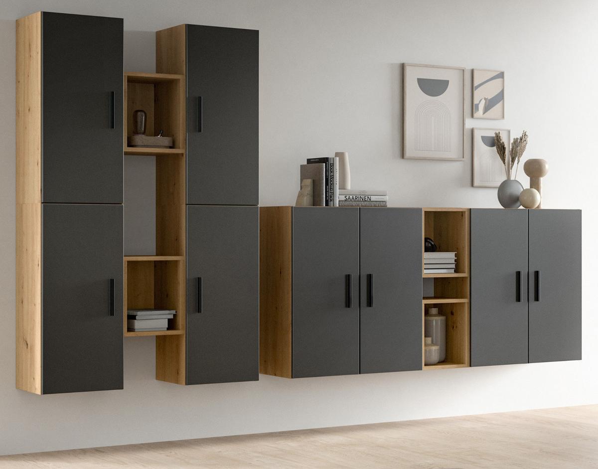WOHNWAND grau, Eiche Artisan 259 x 184 cm, Wohnkombination hängend / stehend - Schwarz/Eiche Artisan, Holzwerkstoff/Kunststoff (259/151/34cm) - Inn.Furn