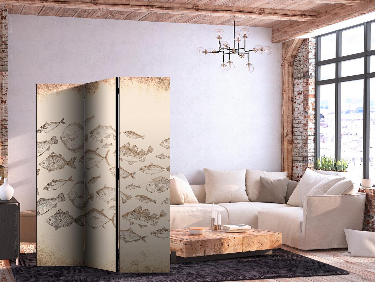 PARAVENT Akustik 3-tlg 135x172 cm Fischschwarm Vintage Stil - Beige, Holz/Textil (135/172/3cm) - Muralo