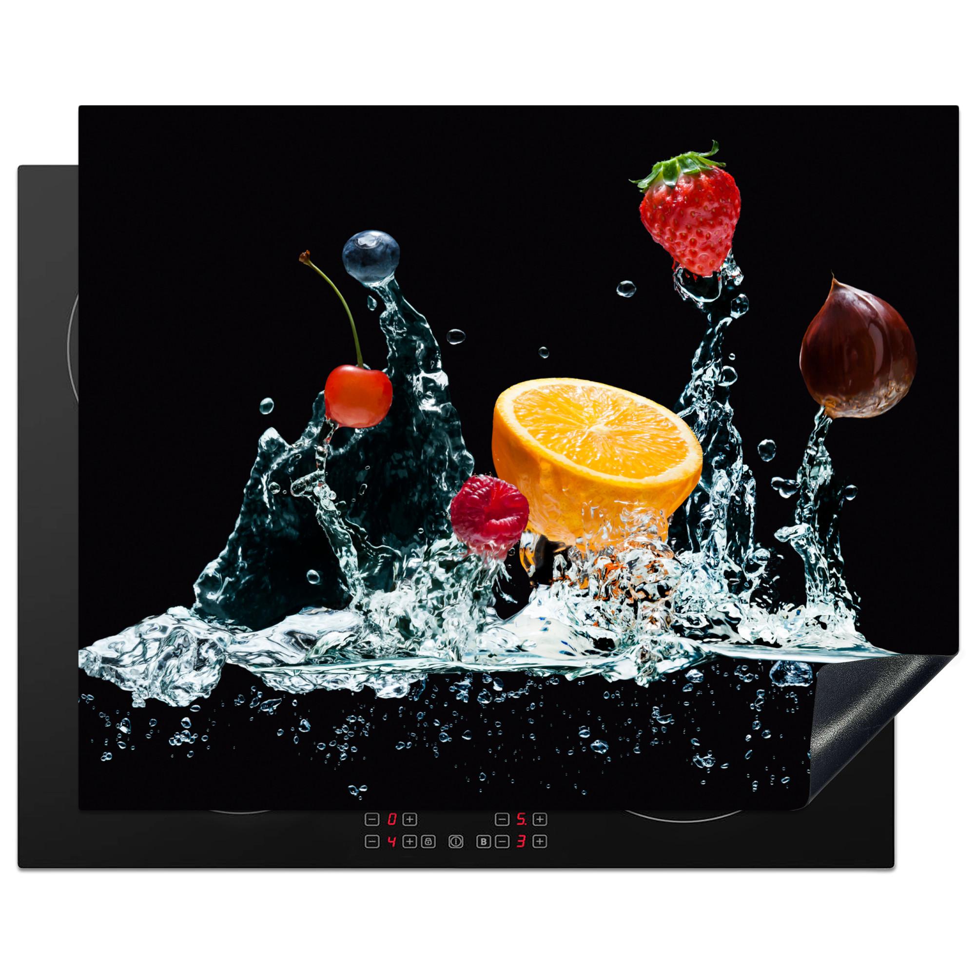 HERDABDECKPLATTE Wasser - Obst - Orange - Erdbeere - Kirsche - Schwarz Herdabdeckung Induktionsfeld 65x52 cm - Orange, Kunststoff (65/52/0.2cm) - MuchoWow