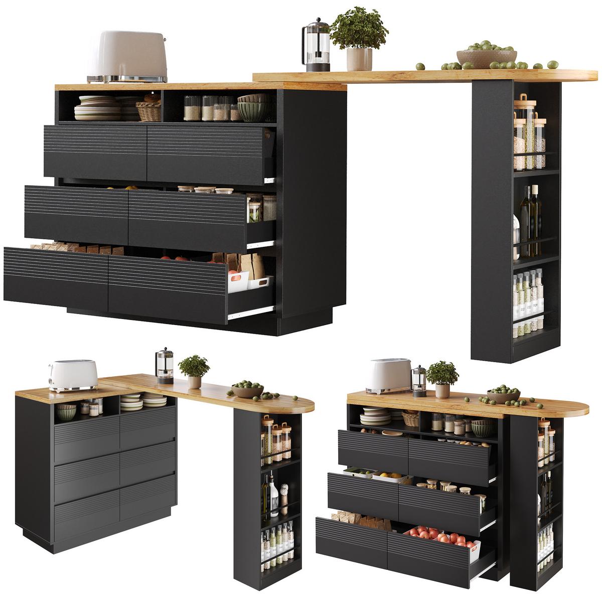 BARTISCH Schwarz Ausziehbar mit 6 Schubladen & Rollen Kücheninsel - Schwarz, Holzwerkstoff (39/215/102cm) - Urban Meuble