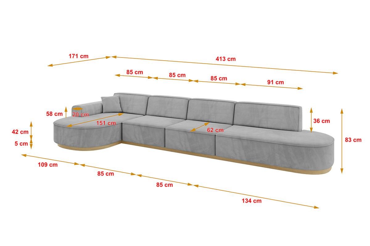 ECKSOFA Ottomane Links MARI-L3-v2 - 413x171x83 cm Grau Velours - Grau, Holzwerkstoff/Textil (413/171cm) - ALTDECOR