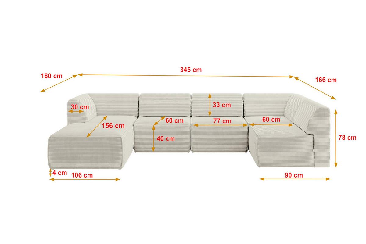WOHNLANDSCHAFT Ottomane Links MOVO-L 345x180x78 cm Cream Cord - Creme, Holzwerkstoff/Kunststoff (345/78/180cm) - ALTDECOR