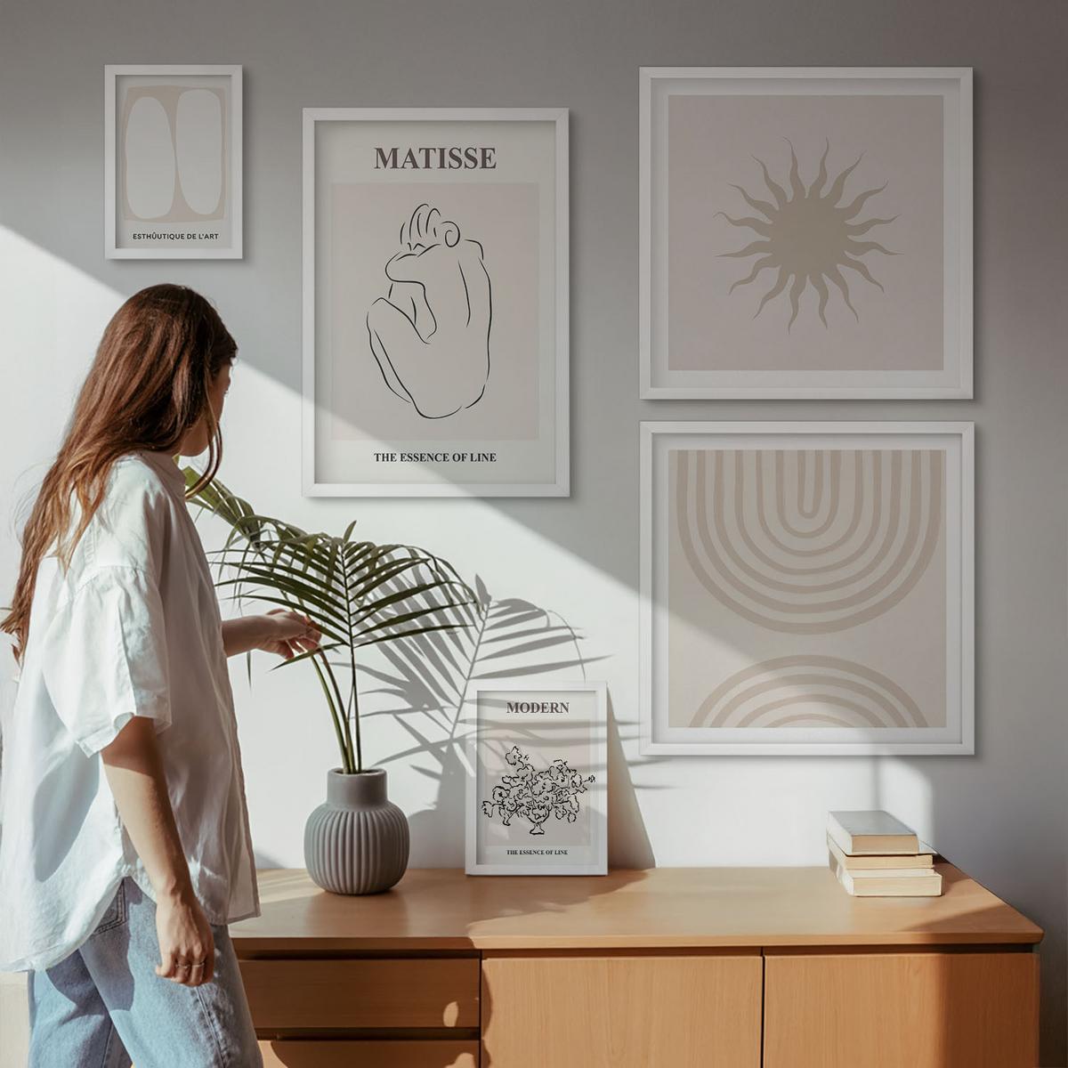 BILDER SET 5er Set - 50x50 cm & 20x30 cm & 40x60 cm Weißer Rahmen - Stilvolle minimalistische Linien - Weiß, Kunststoff (40/60cm) - TULUP