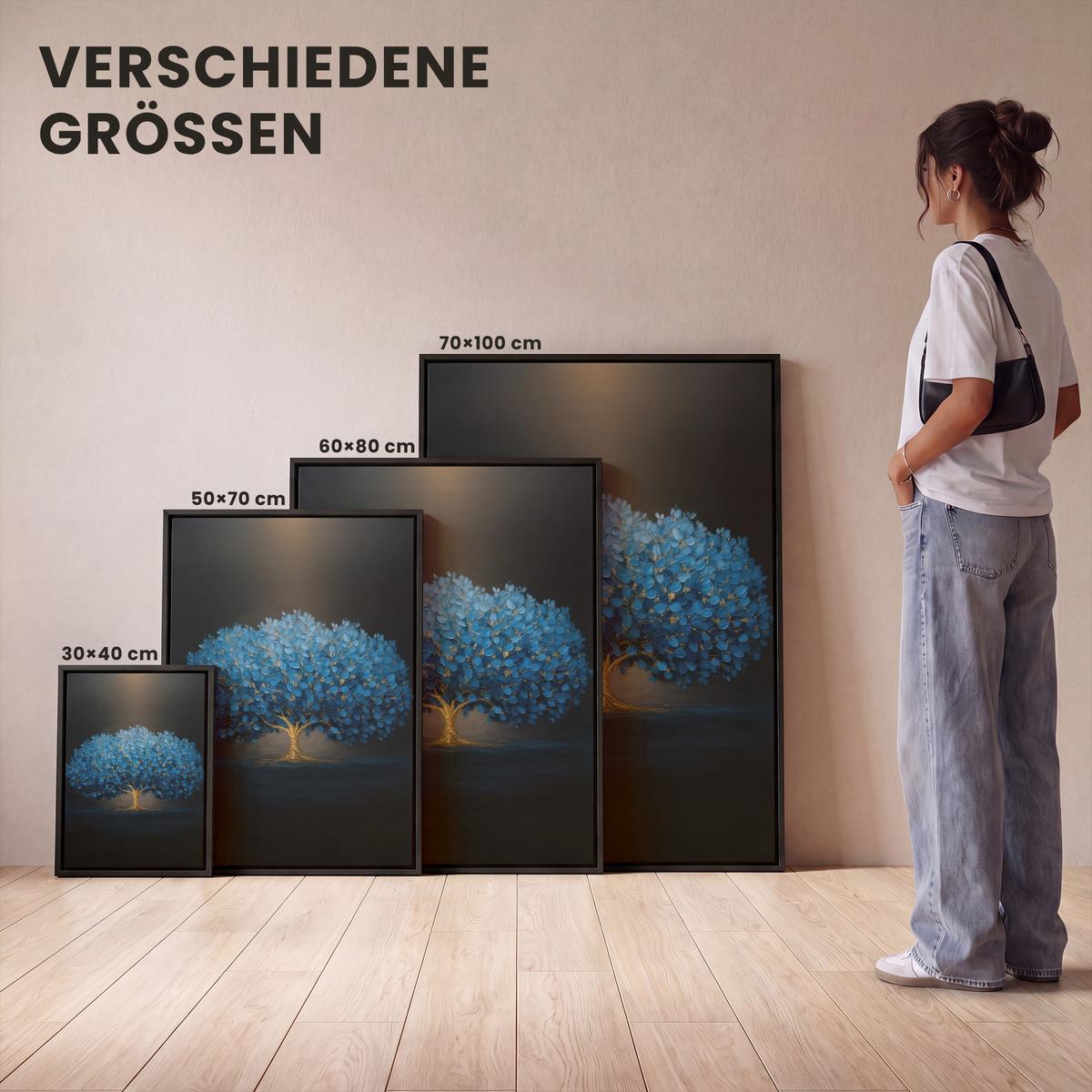 LEINWAND Bilder mit Rahmen - Baum - Blau - Blätter - Pinselstriche - 70x100 - Blau, Textil (70/100cm) - MuchoWow