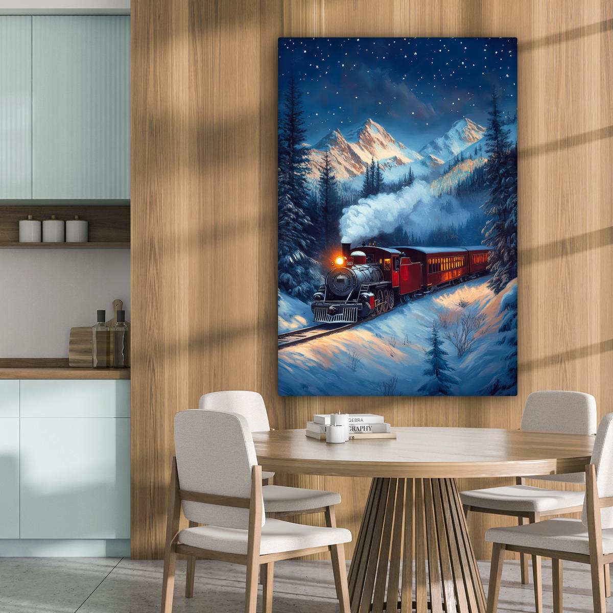 LEINWANDBILD Zug - Weihnachten - Schnee - Weihnachtszug Deko XXL 80x120 cm - Anthrazit, Textil (80/120cm) - MuchoWow