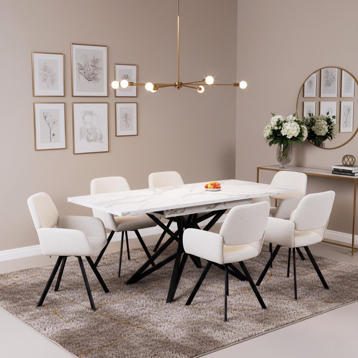 TISCHGRUPPE 7-teilig Ausziehtisch Marmoroptik Weiß & 6x 360° Drehstühle mit Armlehnen - Schwarz/Weiß, Holzwerkstoff/Textil (160/66/80cm) - Urban Meuble
