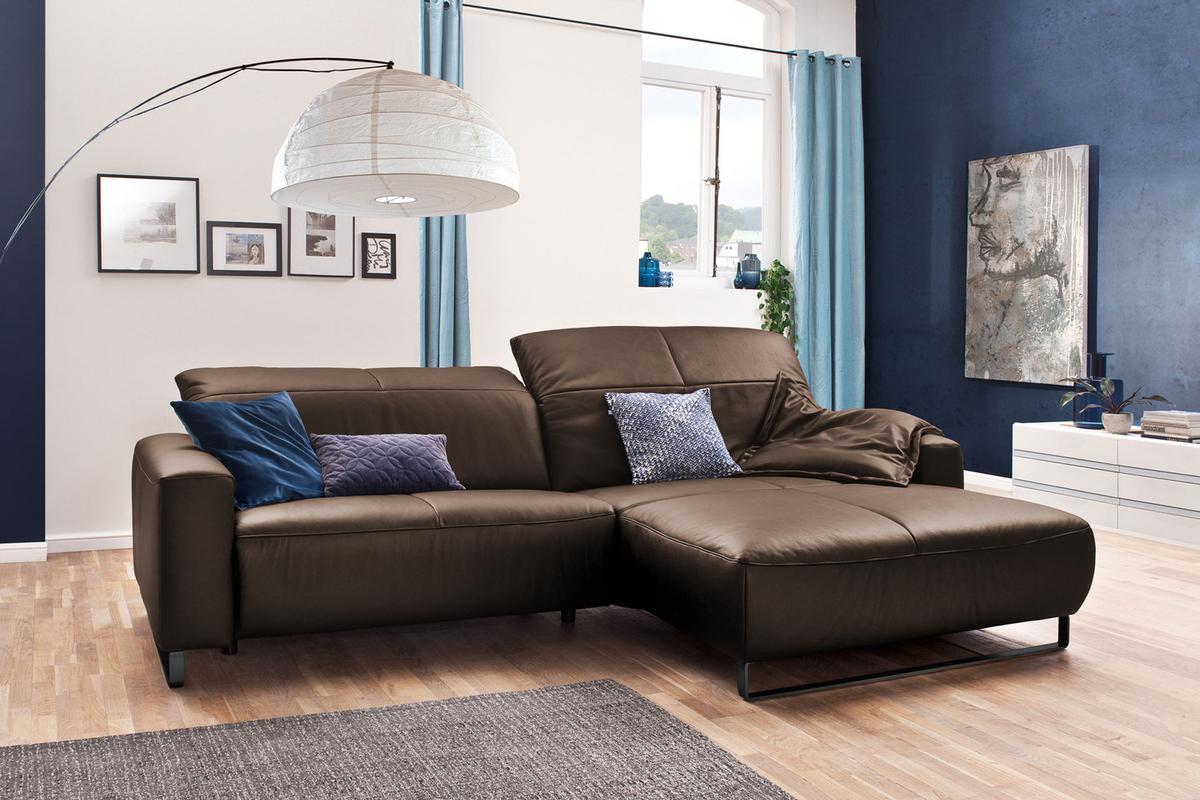ECKSOFA YORK Walnuss Dekor Leder - Walnussfarben/Schwarz, Leder (284/180cm) - KAWOLA