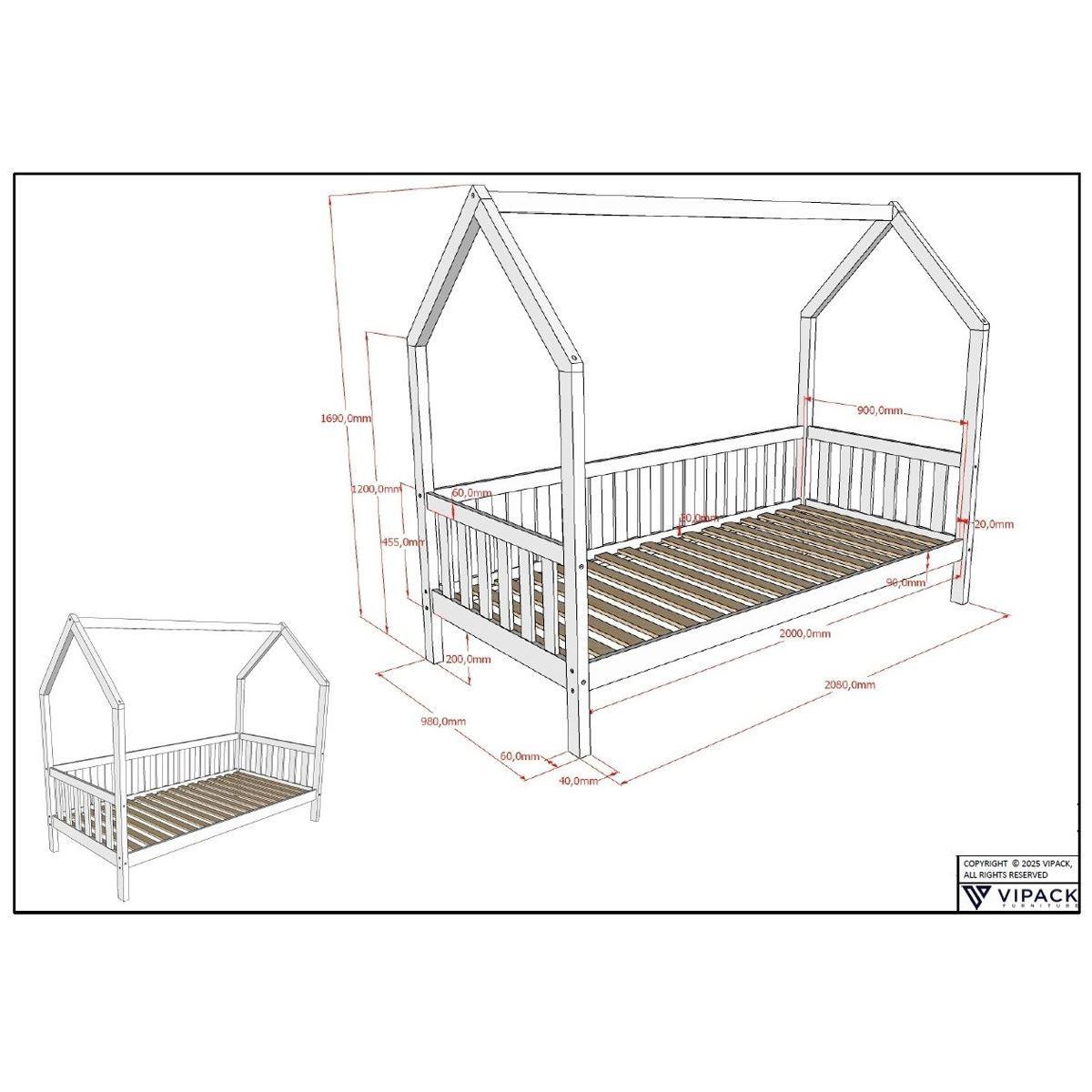 HAUSBETT Kandace 90x200 Eiche massiv natur mit Dachaufbau - Eichefarben, Holz (90/200cm) - 58aufmkessel