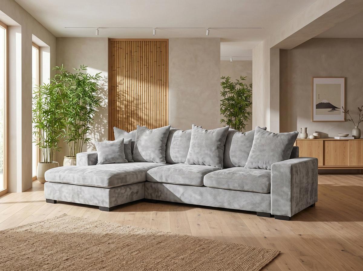 ECKSOFA Dahlia mit Schlaffunktion und Bettkasten in L-Form Links - Hellgrau Chenille 285/92/155 cm - Hellgrau/Schwarz, Kunststoff/Textil (285/155cm) - WFL GROUP