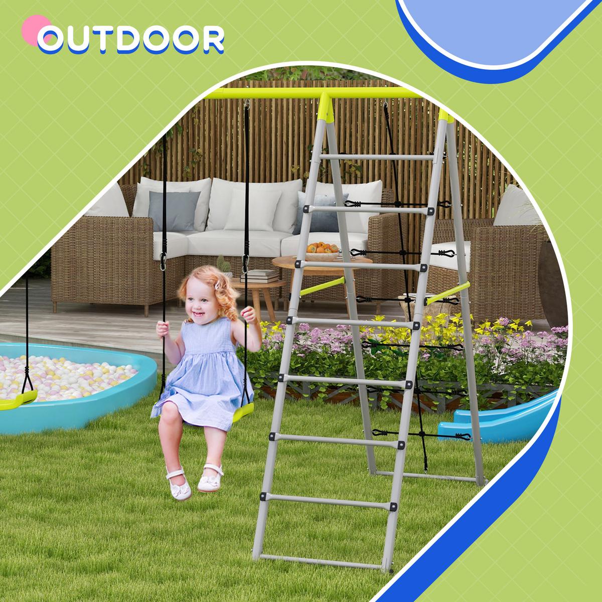 KINDERSCHAUKEL-SET, Kletternetz, Sprossenleiter, für 3-8 Jahre, wetterfest, Grün - Grün, Kunststoff/Metall (185/260cm) - Outsunny