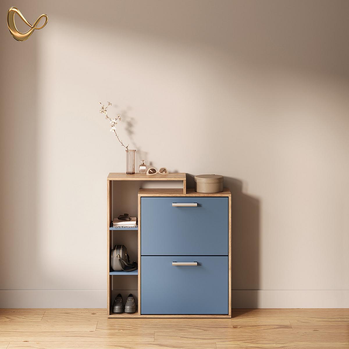 SCHUHKIPPER Ortello Goldkraft Eiche/Blau 80 x 90 cm - Honigeiche/Dunkelblau, Holzwerkstoff (80/90/24.2cm) - Livinity®