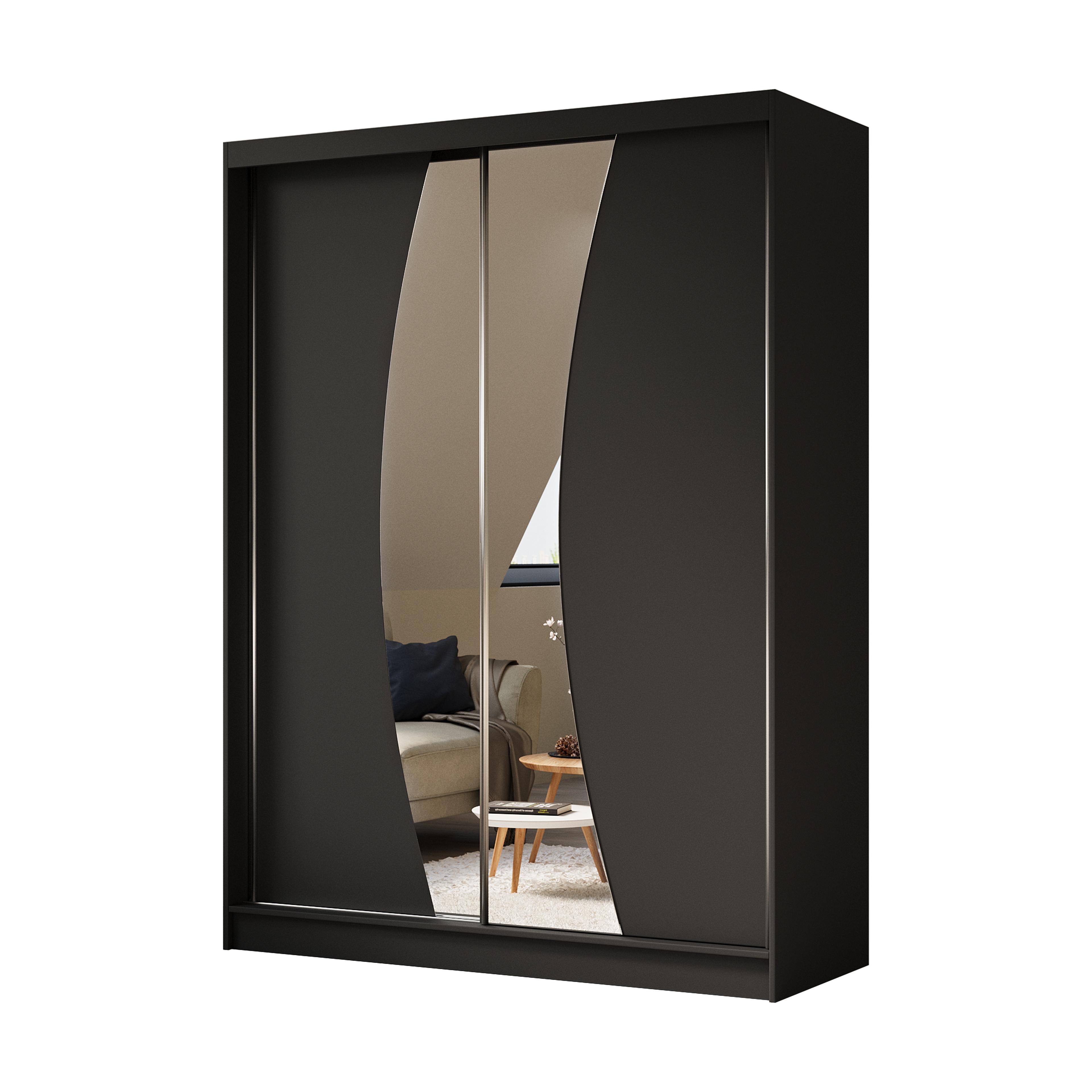 KLEIDERSCHRANK mit Spiegel-Schiebetüren und Aluminium-Leisten - VOXI - 160 cm Schwarz - Schwarz, Holzwerkstoff (160/216/61cm) - ALTDECOR